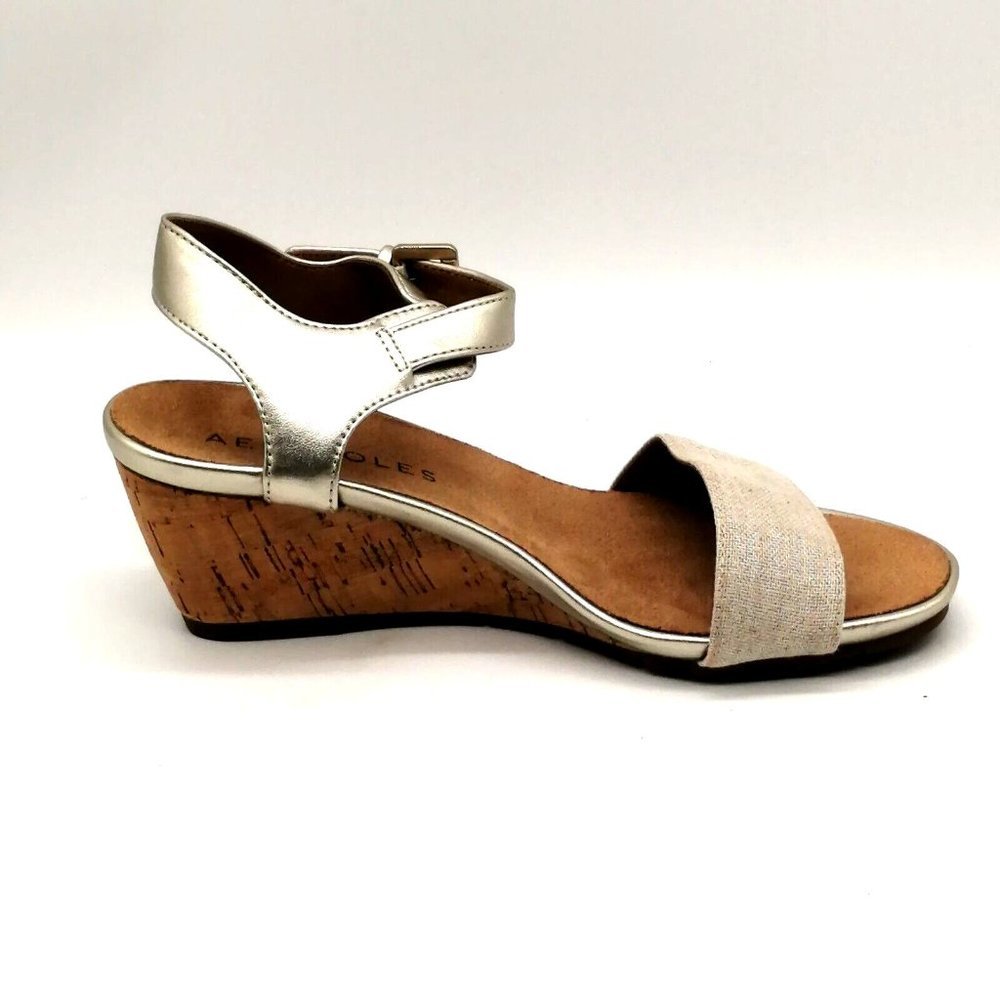 AEROSOLES Metallic Gold Cork Wedge Sandals - Picture 2 of 10